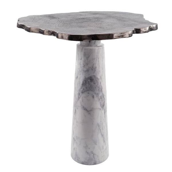 Pedestal End Table Hourglass Base Silver White Marble Top