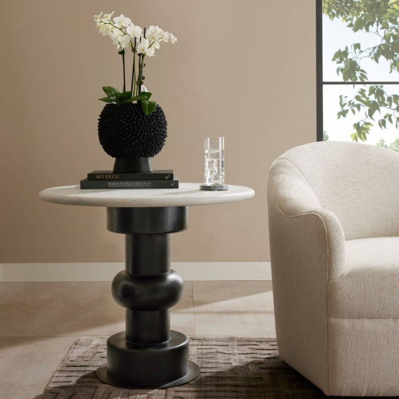 Pedestal End Table: White Marble Top with Dark Ribbed Wood Base