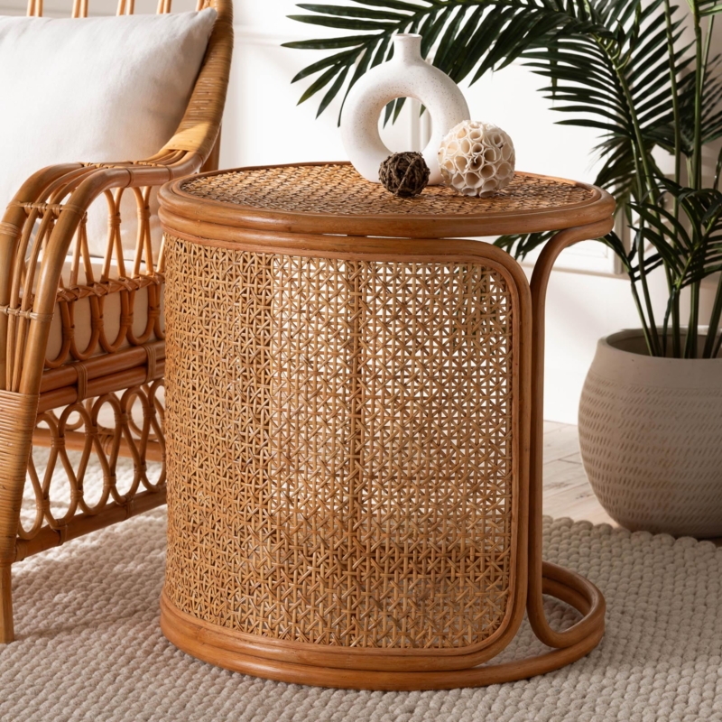 Pedestal End Table Woven Rattan Texture Honey Brown Boho Coastal
