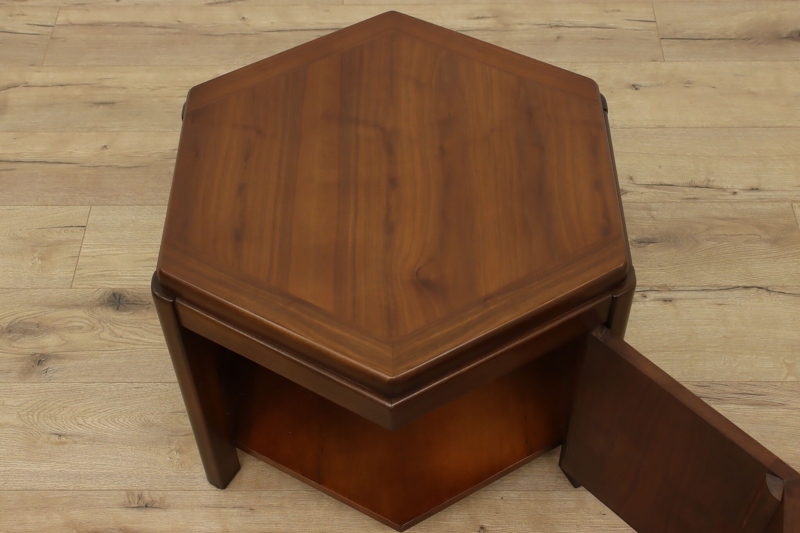 Pedestal Hexagonal End Table with Walnut Starburst Wood Pattern