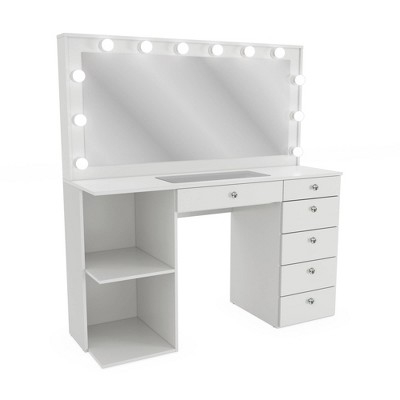 Pedestal Makeup Vanity with Hollywood Lights and Crystal Drawer Knobs