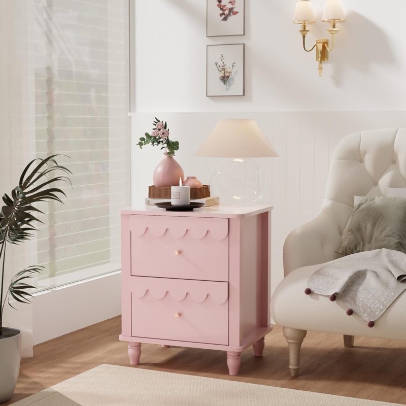 Pink Nightstand with Floral Petal Pattern and Tapered Wood Legs
