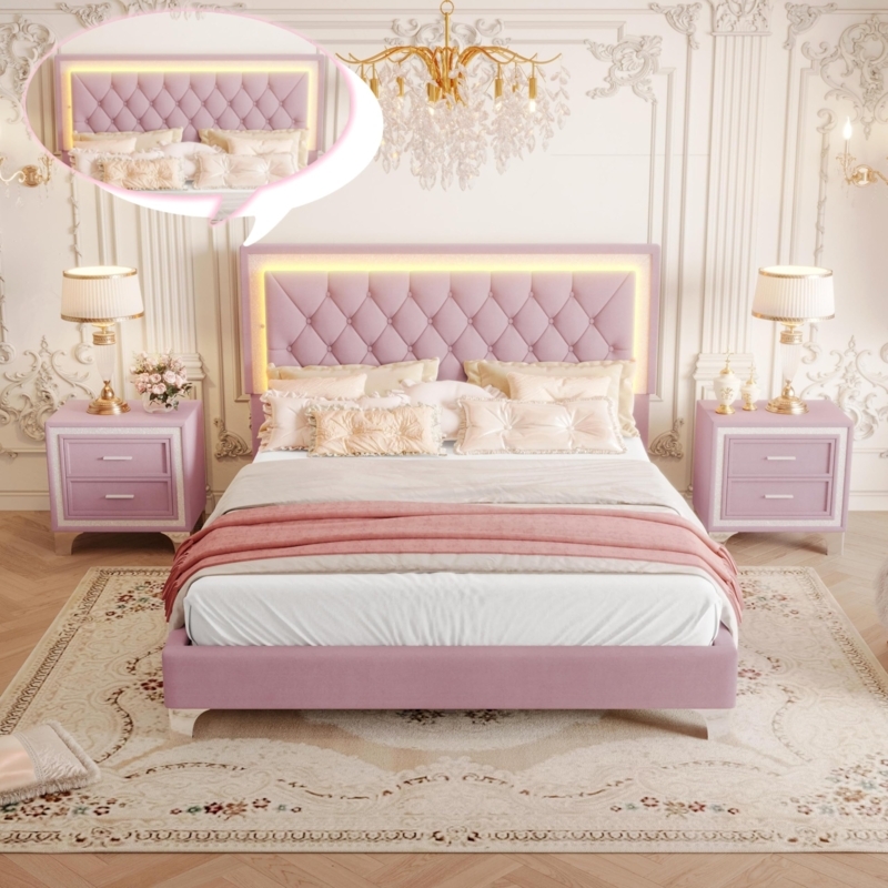 Pink Velvet Tufted Bed Set with LED Base Lighting