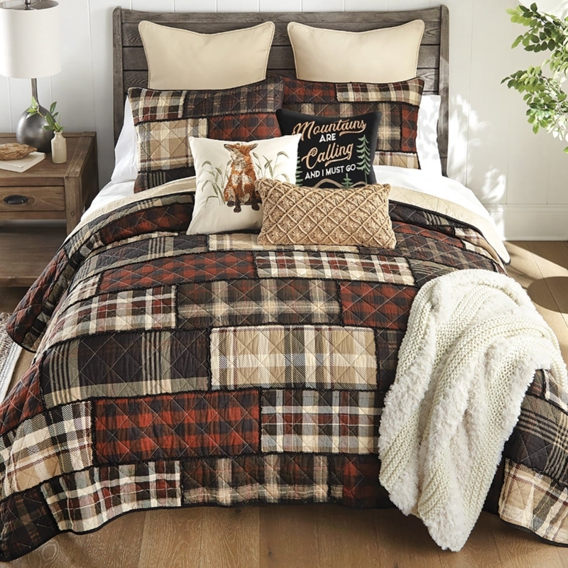 Plaid Patchwork Quilt Red Tan Log Frame Rustic Lodge Bedding Set
