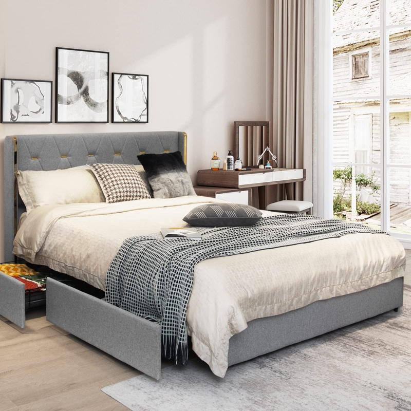 Platform Bed 4 Underbed Drawers Button Tufted Grey Linen