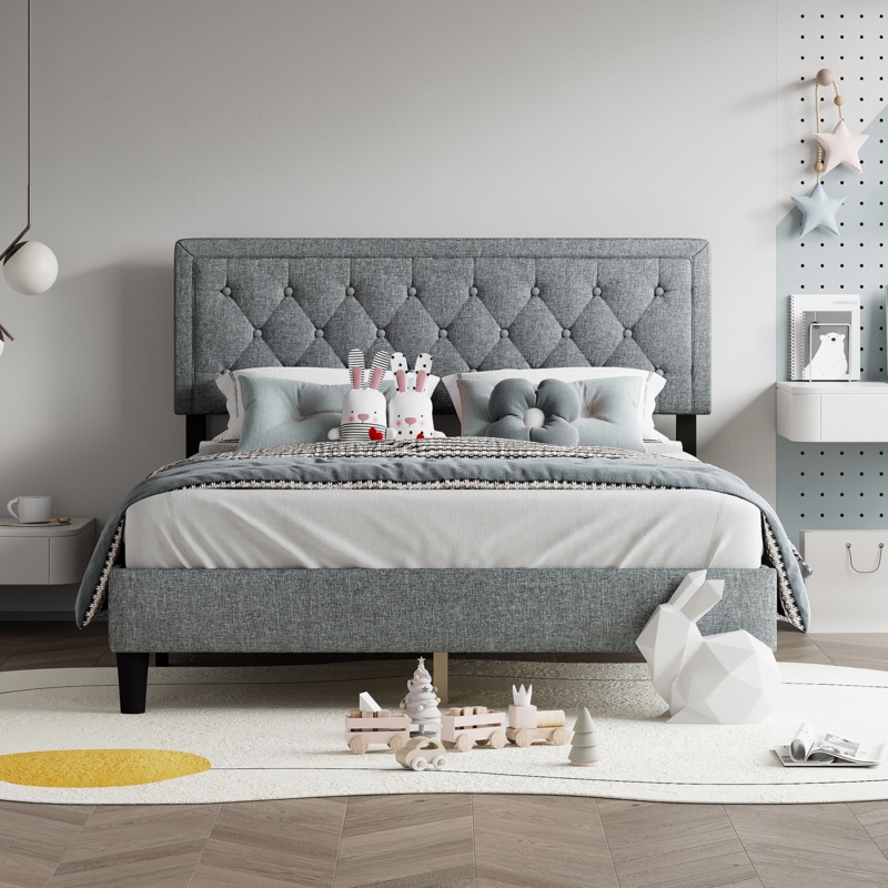 Platform Bed Adjustable Button Tufted Headboard Linen Fabric