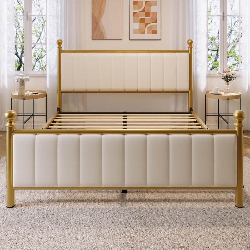 Platform Bed Arched Gold Metal Cream Channel Tufted Headboard Glam