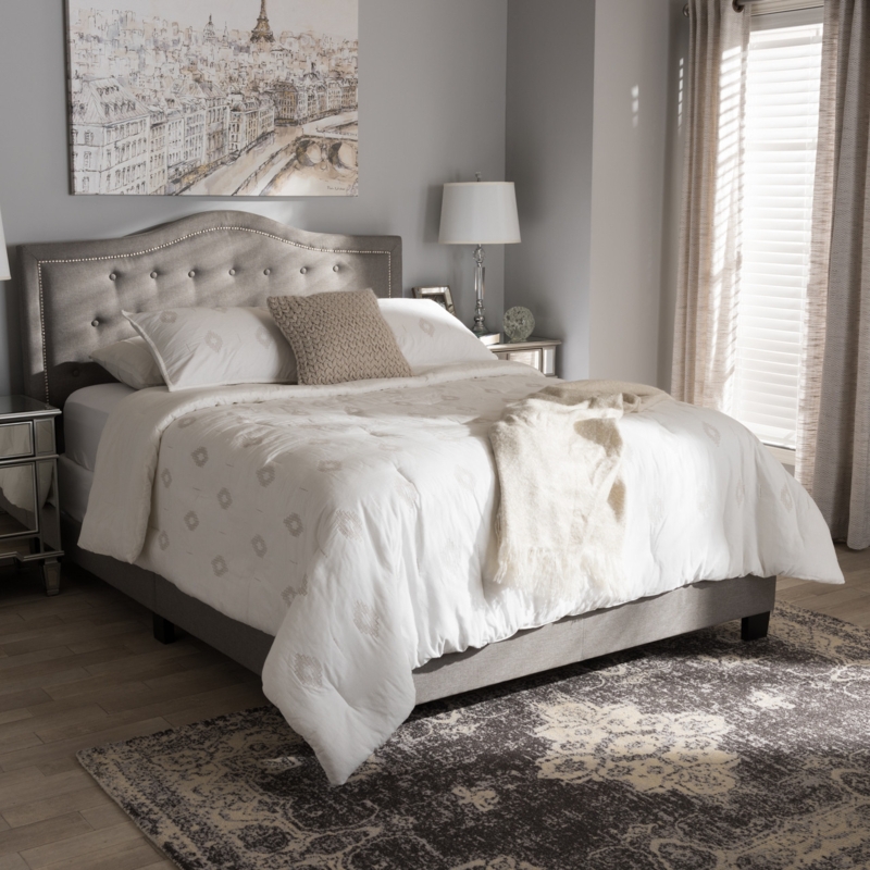 Platform Bed Arched Headboard Light Grey Upholstery Contemporary