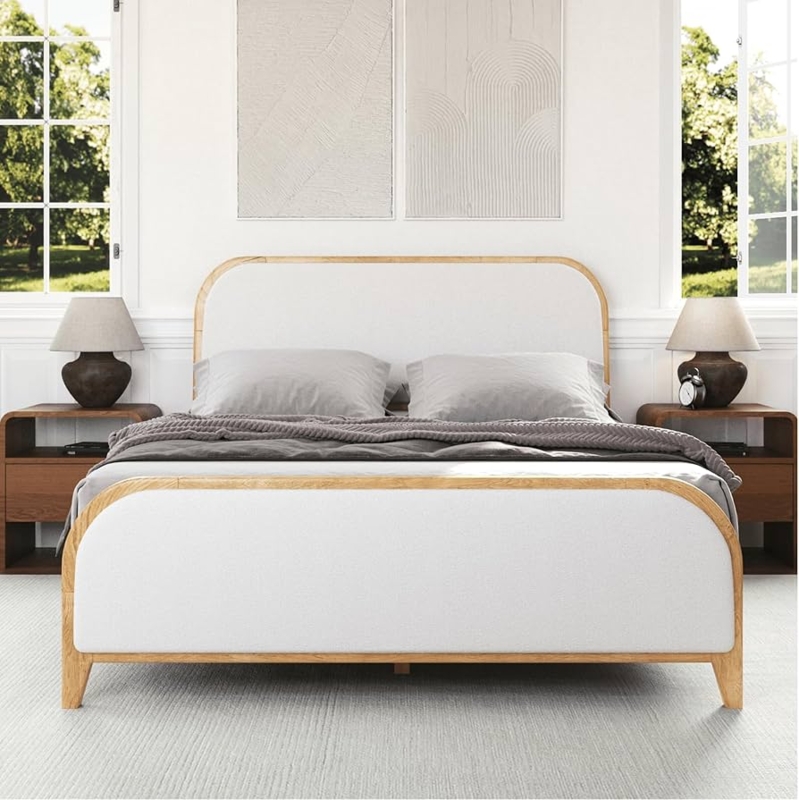 Platform Bed Arched Headboard White Boucle Upholstery