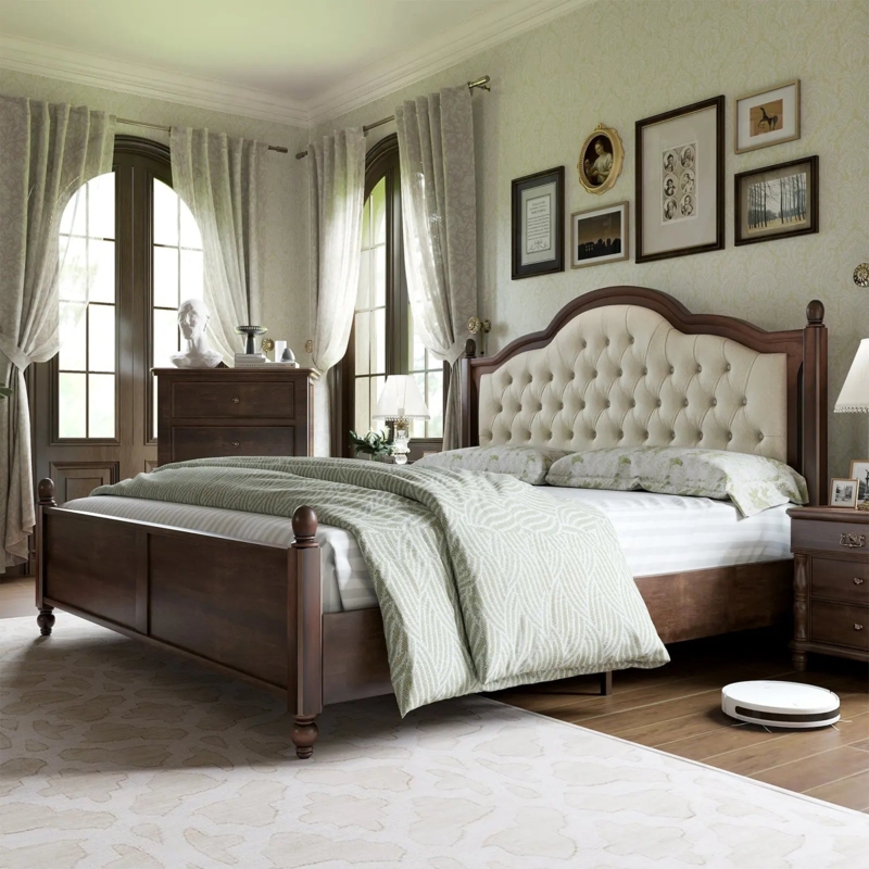 Platform Bed Arched Upholstered Headboard Tapered Wood Legs Natural