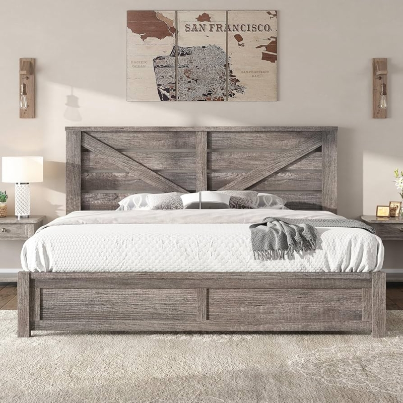 Platform Bed Barn Door Headboard Rustic Gray Finish, Gray Wood Bed
