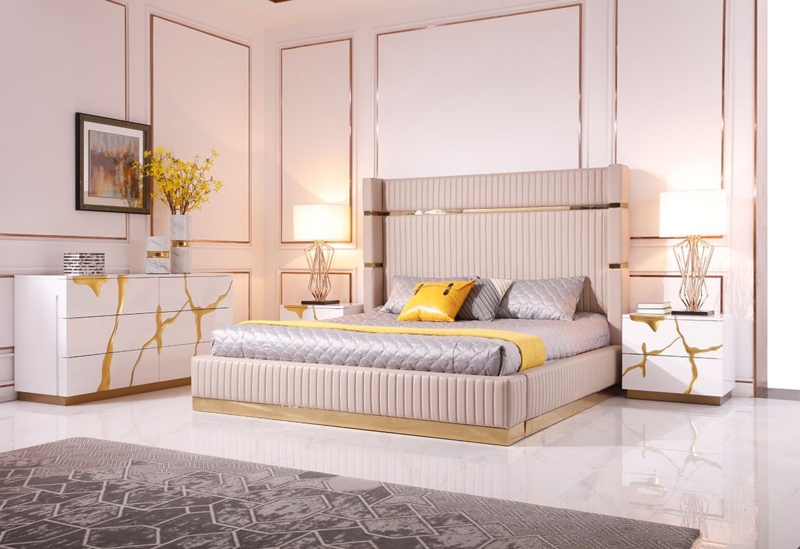 Platform Bed Beige Horizontal Channeling Gold Trim Contemporary