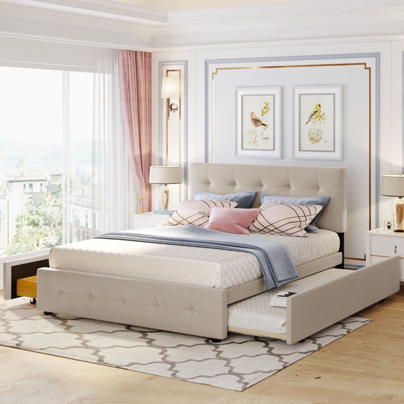 Platform Bed Beige Linen Like Trundle Storage Combination