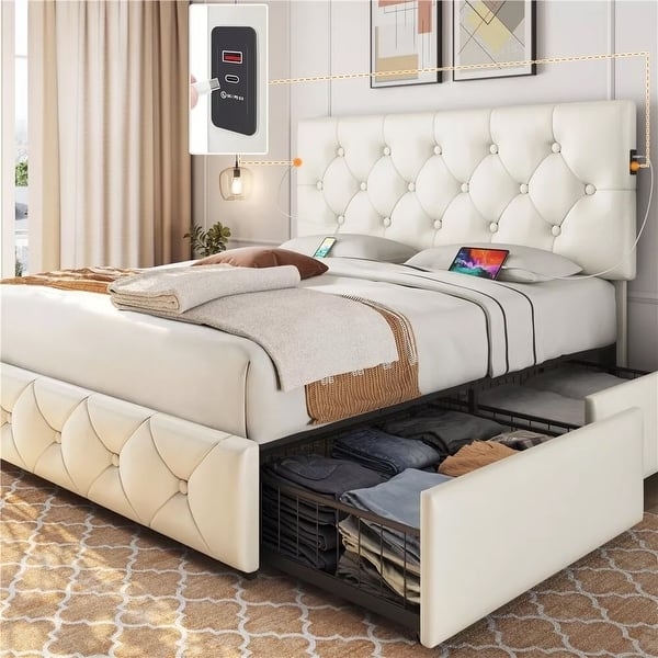 Platform Bed Beige Storage Drawers USB Charging Channeled