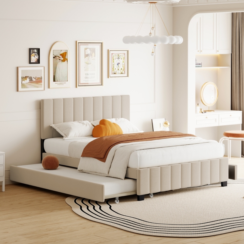 Platform Bed Beige Tufted Wingback with Pull Out Trundle Storage