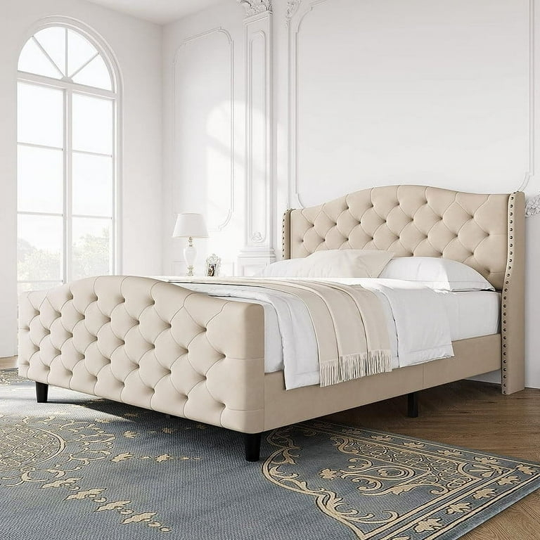 Platform Bed Beige Upholstered Tufted Footboard Diamond Stitching