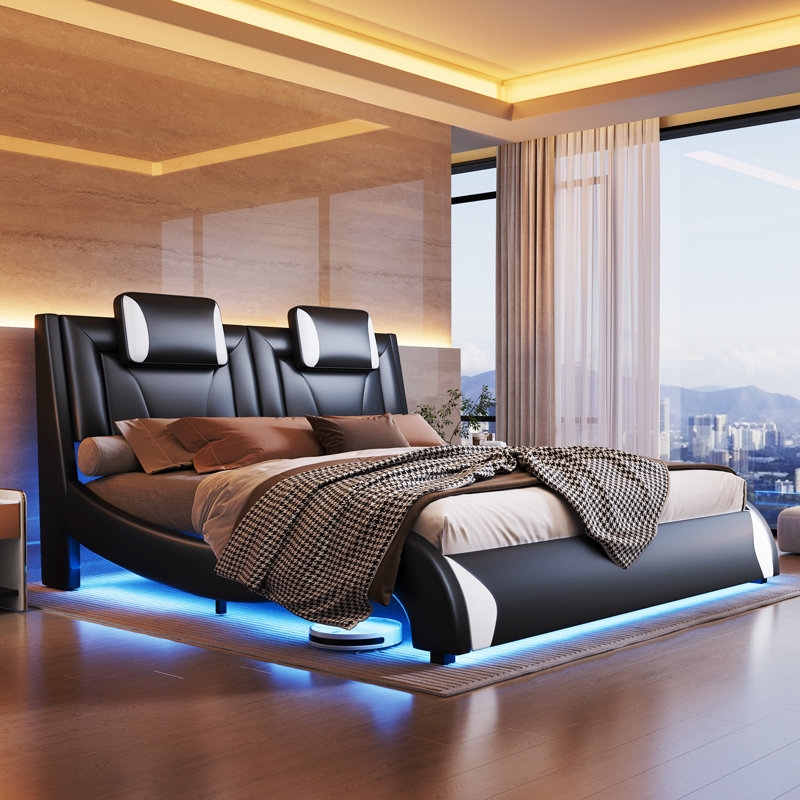 Platform Bed Black Floating Base Blue LED Lighting Padded