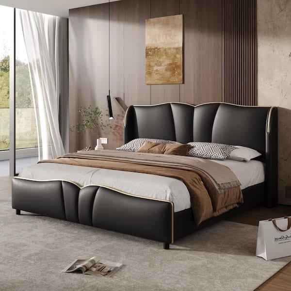 Platform Bed Black Leather-Like Wavy Side Rails Low Profile