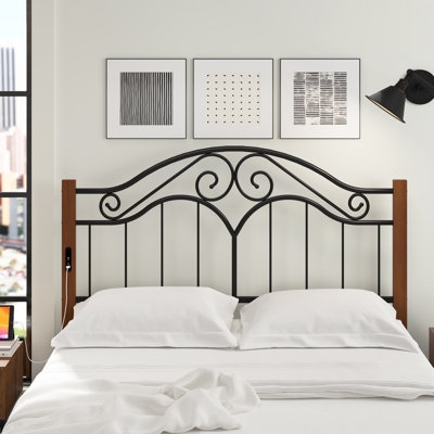 Platform Bed Black Metal Frame Wood Toned Panels Industrial Rustic
