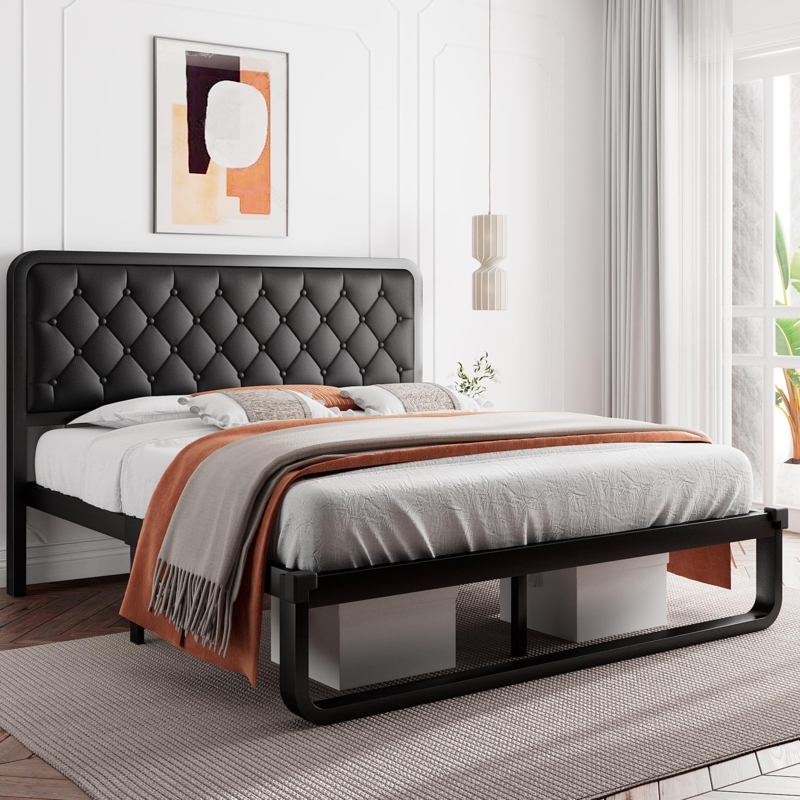 Platform Bed Black Metal Slat Frame Horizontal Channel Tufting
