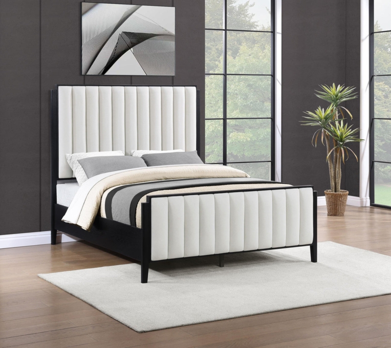 Platform Bed: Black Upholstered Tall Headboard, Vertical Channel Tufting