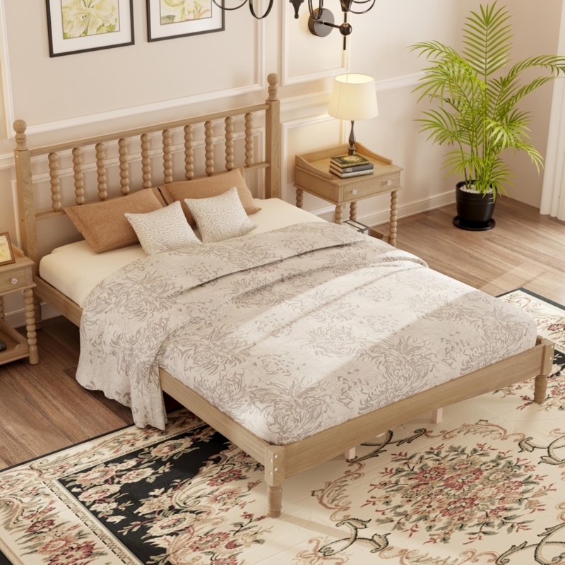 Platform Bed Blonde Wood Tapered Legs Spindle Headboard Airy Style