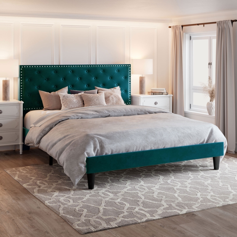 Platform Bed Blue Velvet Silver Nailhead Trim Vertical Channeling