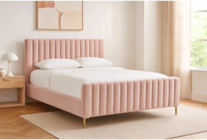 Platform Bed Blush Velvet Tall Rectangular Headboard Channel Tufted