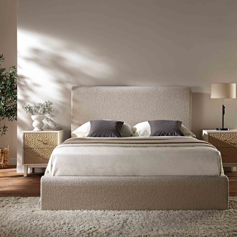 Platform Bed Boucle Curved Silhouette with Side Storage Drawers