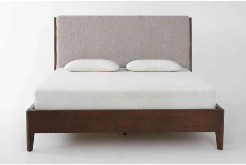 Platform Bed Brown Wood Gray Upholstered Headboard Mid-Century Modern