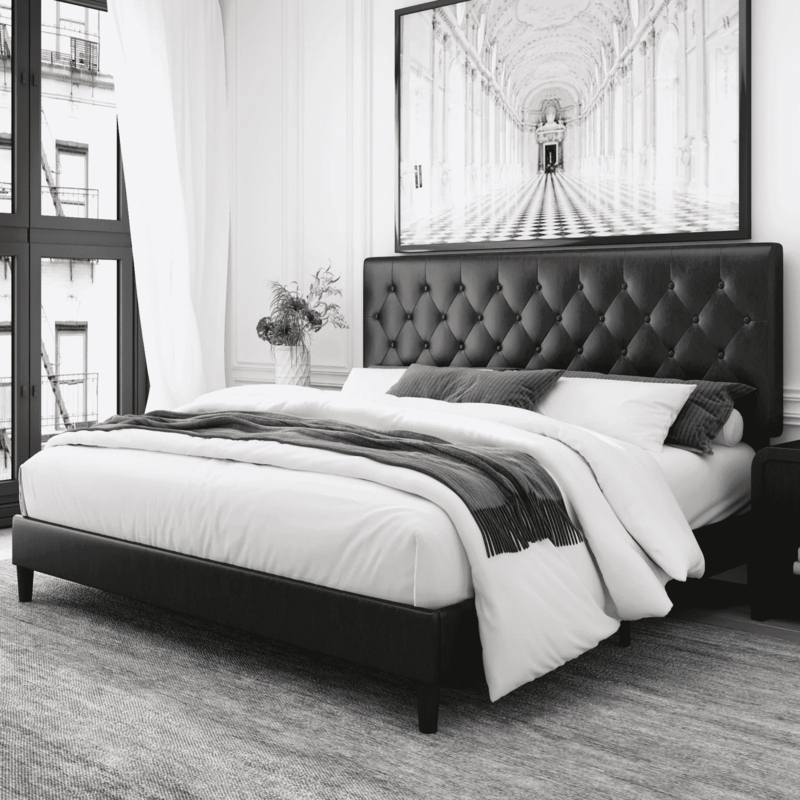 Platform Bed Button Tufted Adjustable Headboard Low Profile Glam