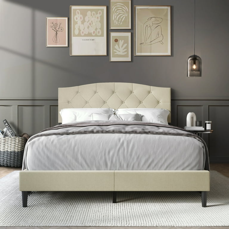 Platform Bed Button Tufted Headboard Block Feet Transitional Style