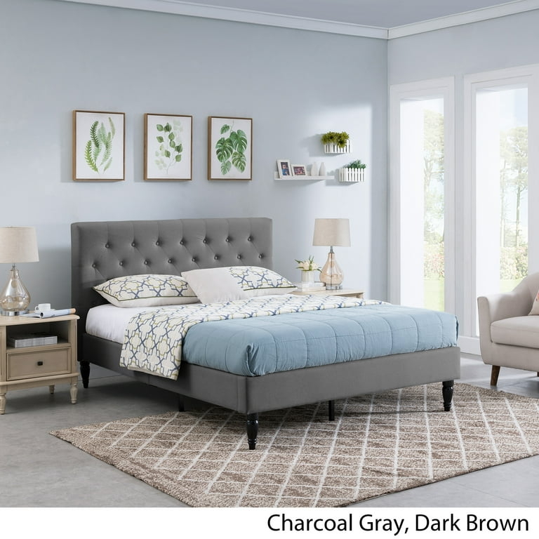 Platform Bed Button Tufted Headboard Padded Rails Contemporary