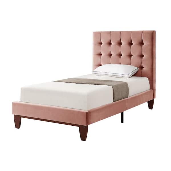 Platform Bed Button Tufted Velvet Headboard Design Blush Pink Gold Legs
