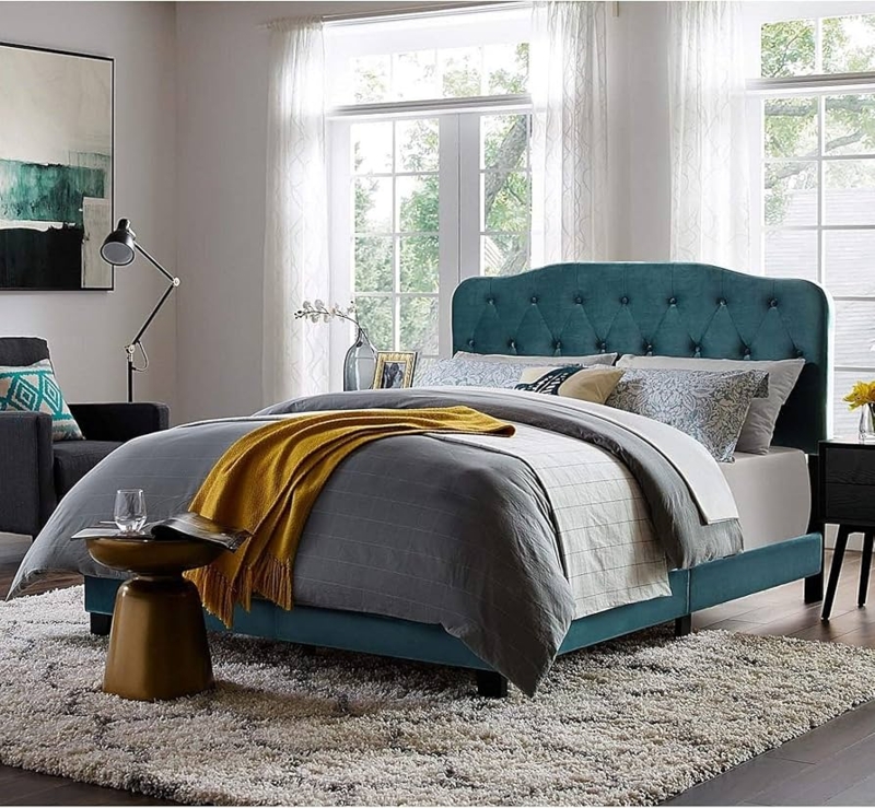 Platform Bed Button Tufted Wingback Headboard Velvet