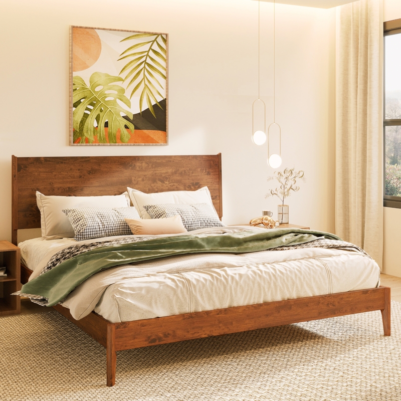 Platform Bed Caramel Finish, Slatted Headboard. Warm Caramel Wood Bed Frame.