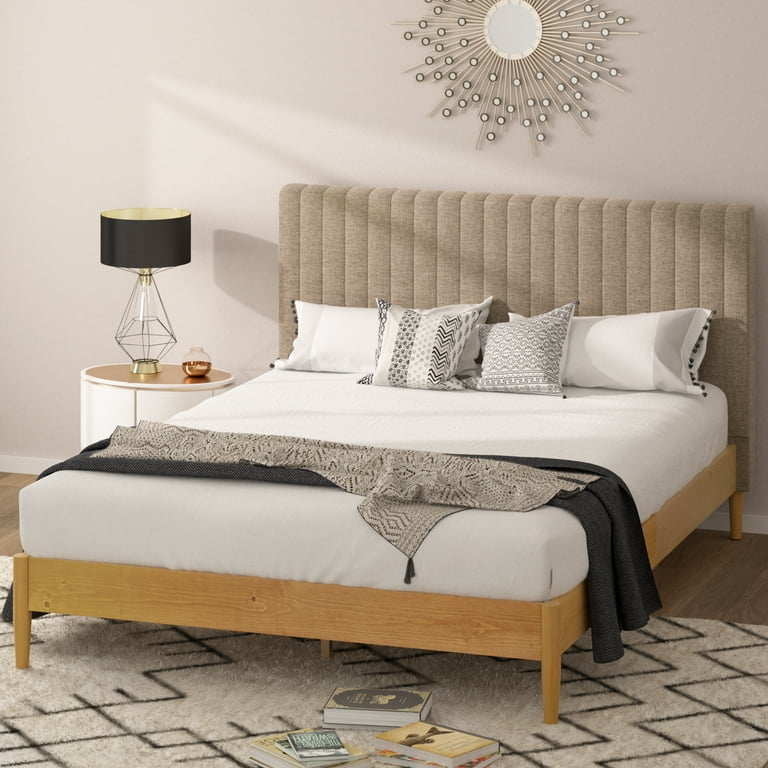 Platform Bed Channeled Gray Headboard Light Wood Frame Minimalist