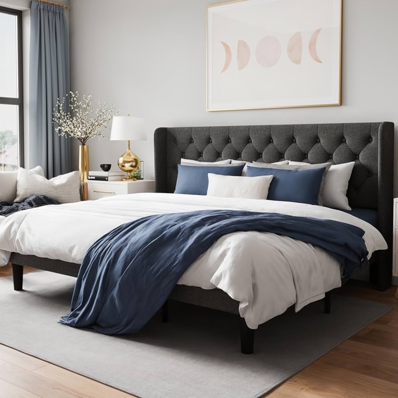 Platform Bed Charcoal Diamond Button Tufted Wingback Headboard