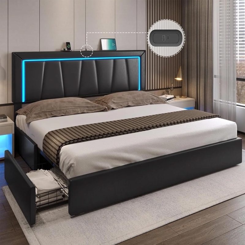 Platform Bed Charcoal Gray Channel Tufting Built In Storage Drawers