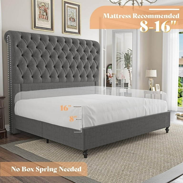 Platform Bed Charcoal Gray Velvet Channel Tufted Modern Glam