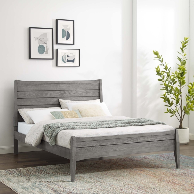 Platform Bed Charcoal Gray Wood Stain Vertical Paneled Headboard
