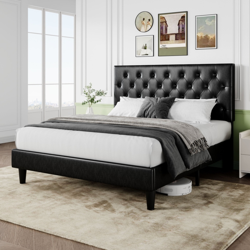 Platform Bed Charcoal Grey Scalloped Headboard Diamond Tufting