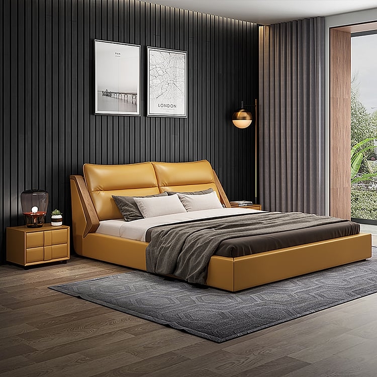 Platform Bed Charcoal Grey Winged Cushioned Headboard Low Profile