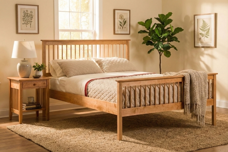 Platform Bed Cherry Wood Spindle Headboard & Footboard Tapered Legs