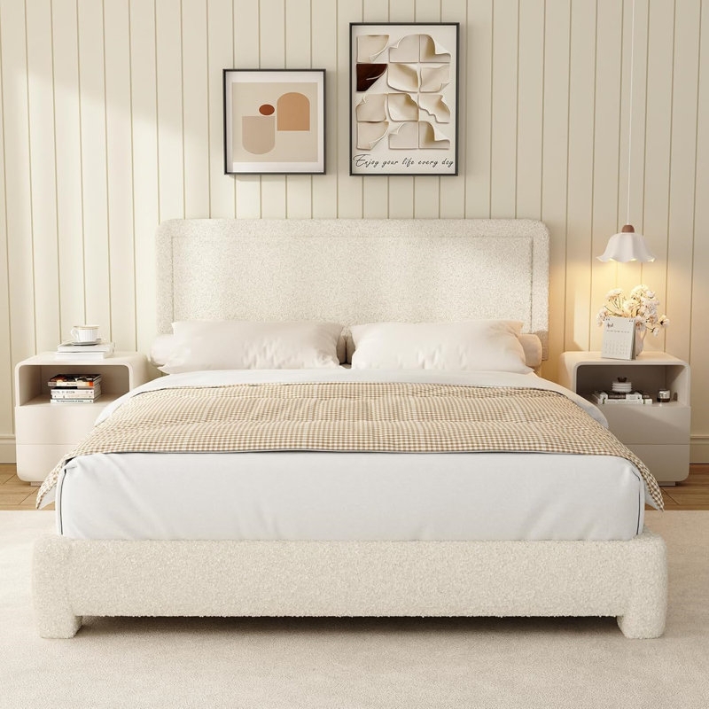 Platform Bed Cloud Style Boucle Low Profile Rounded Modern