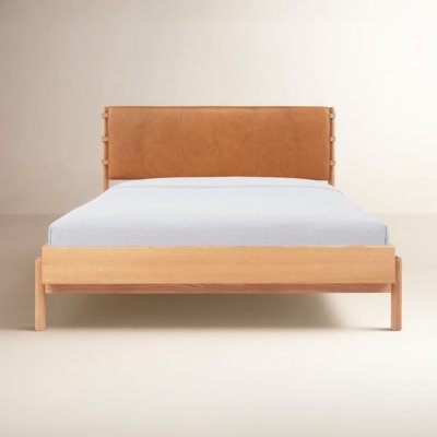 Platform Bed Cognac Leather-Like Upholstery Low Profile Mid-Century