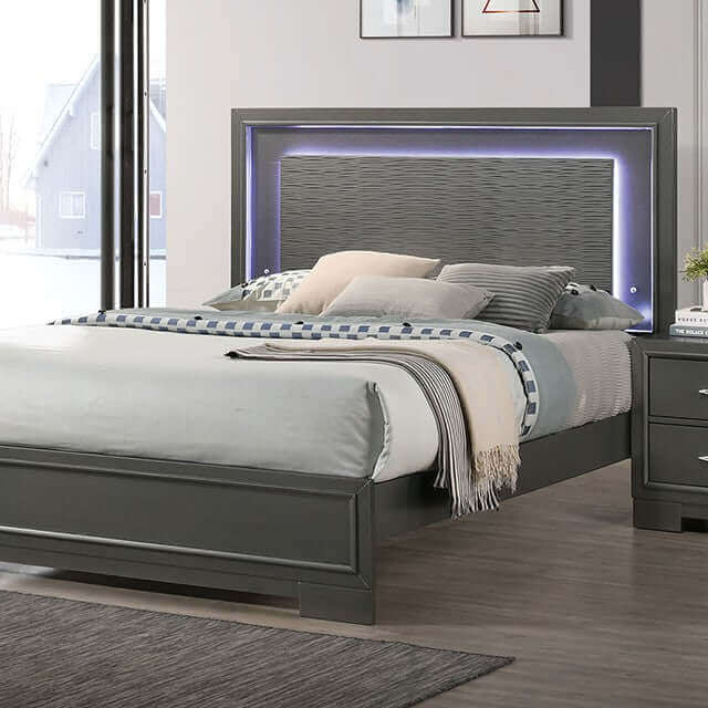 Platform Bed: Contemporary Metallic Gray with LED Glow Design
