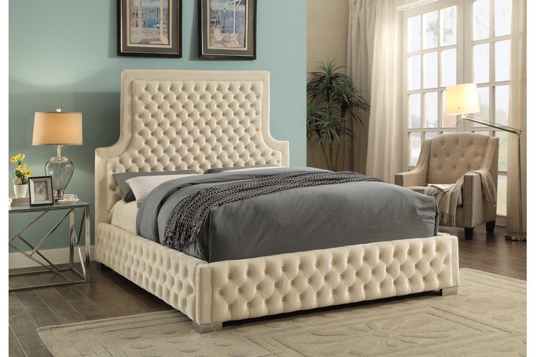 Platform Bed Cool Gray Channel Tufted with Dark Wood Accents