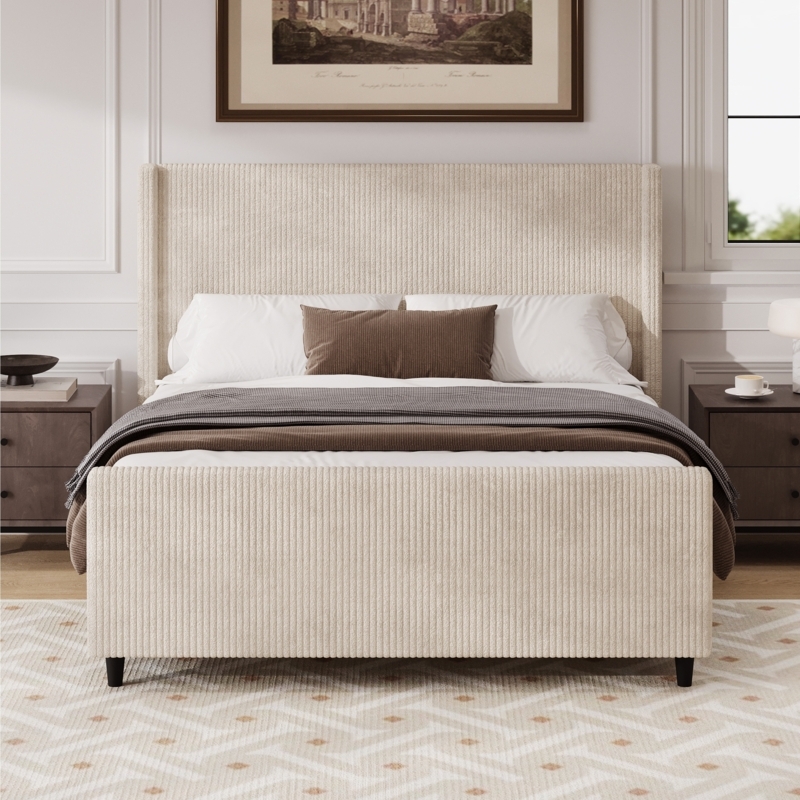 Platform Bed Corduroy Ribbed Wingback High Footboard Cream