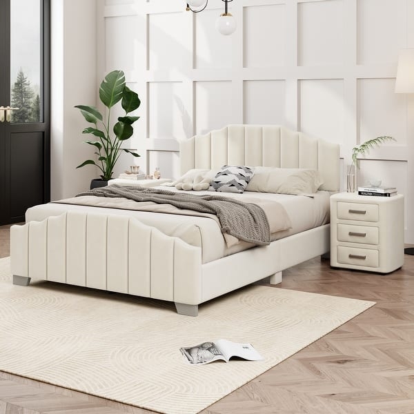 Platform Bed Cream Velvet Irregular Curved Headboard Vertical Tufting